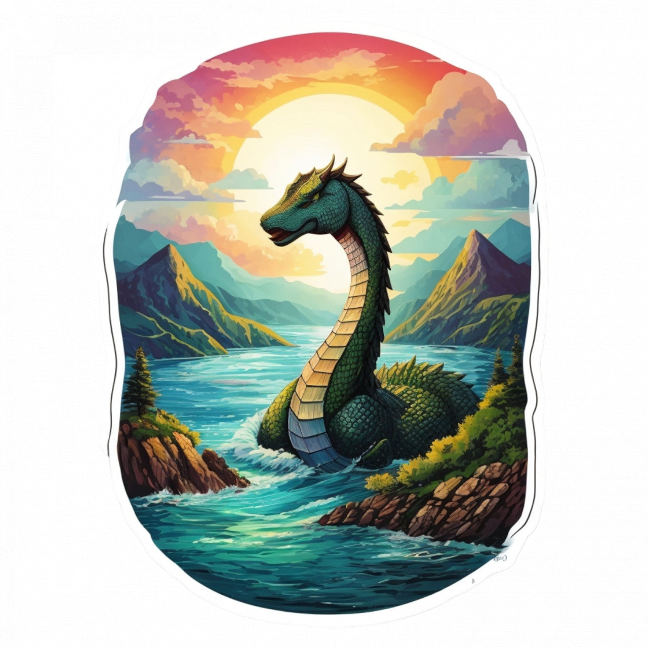 Set 3 bucati, Sticker decorativ, Monstrul din Loch Ness pe lac, Rezistent la apa, NO817, 6 cm, Multicolor