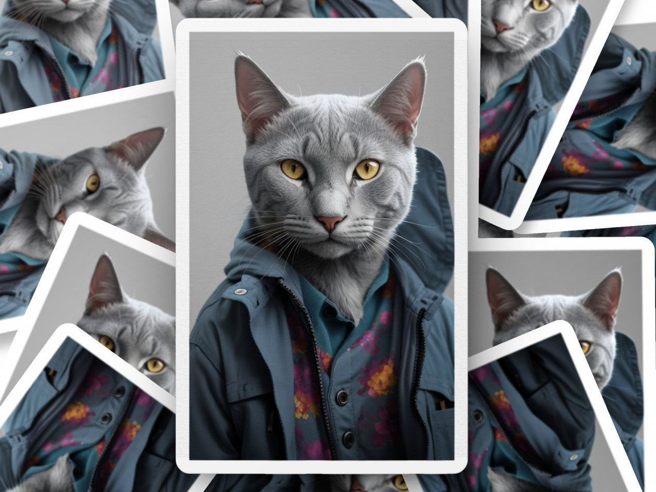 Set 3 bucati, Sticker decorativ, Pisica albastru de rusia cu jacheta, Rezistent la apa, NO1156, 6 cm, Multicolor