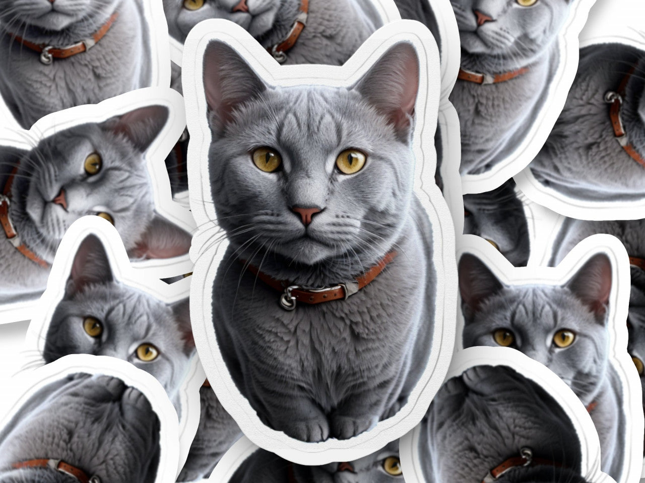 Set 3 bucati, Sticker decorativ, Pisica albastru de rusia cu zgarda, Rezistent la apa, NO1159, 6 cm, Multicolor