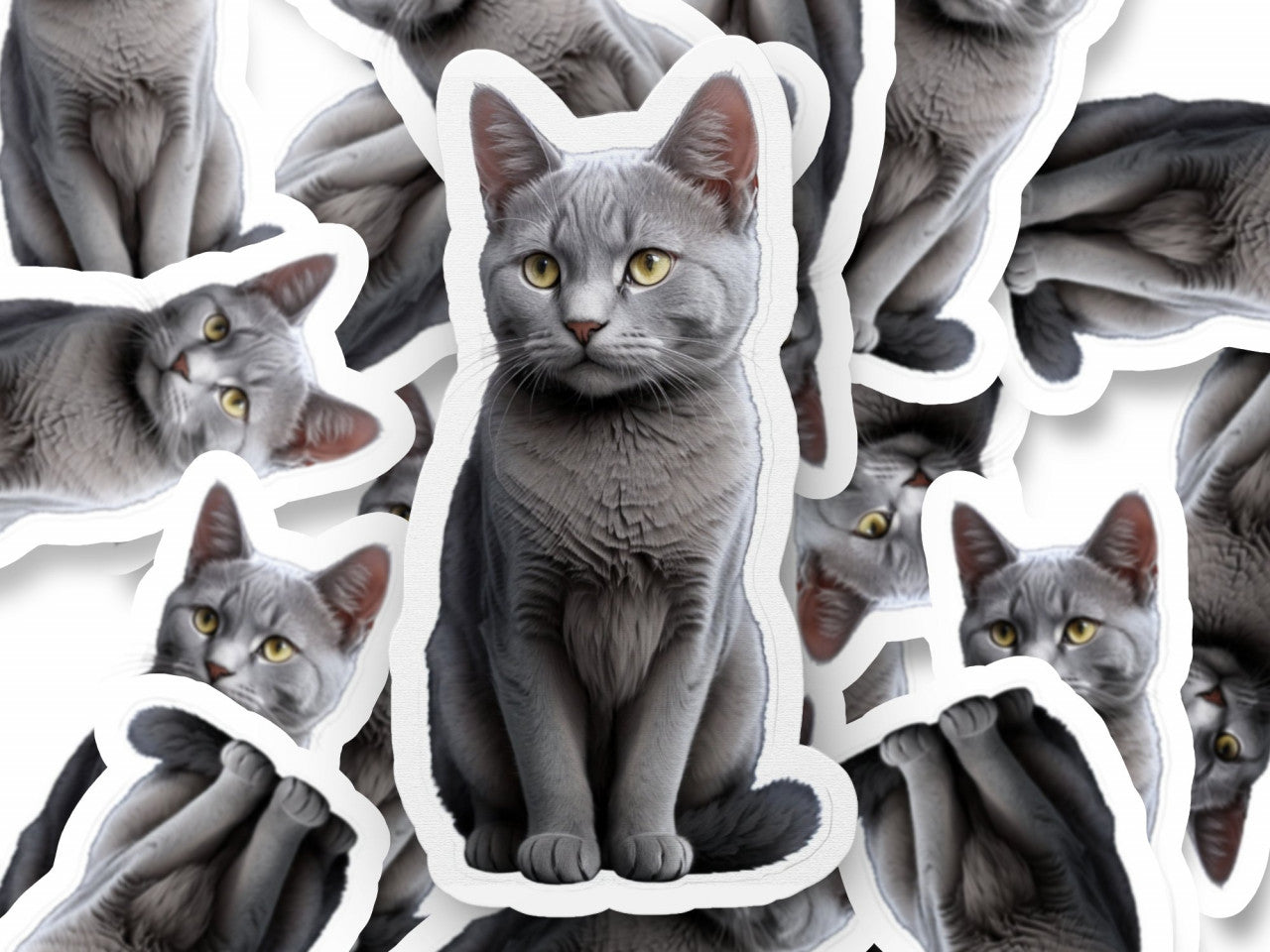 Set 3 bucati, Sticker decorativ, Pisica albastru de rusia, Rezistent la apa, NO1157, 6 cm, Multicolor