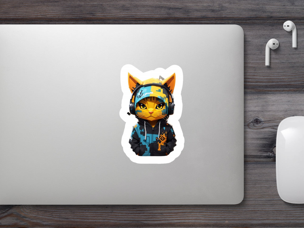 Set 3 bucati, Sticker decorativ, Pisica cu casti, Rezistent la apa, NO1693, 6 cm, Multicolor