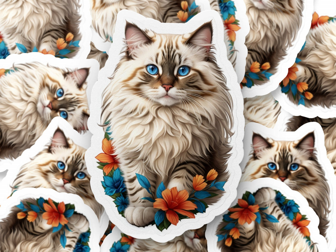 Set 3 bucati, Sticker decorativ, Pisica Ragamuffin, Rezistent la apa, NO1122, 6 cm, Multicolor