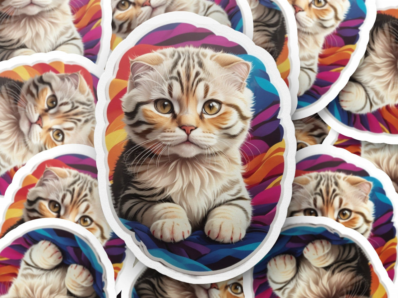 Set 3 bucati, Sticker decorativ, Pisica Scottish Fold, Rezistent la apa, NO1178, 6 cm, Multicolor