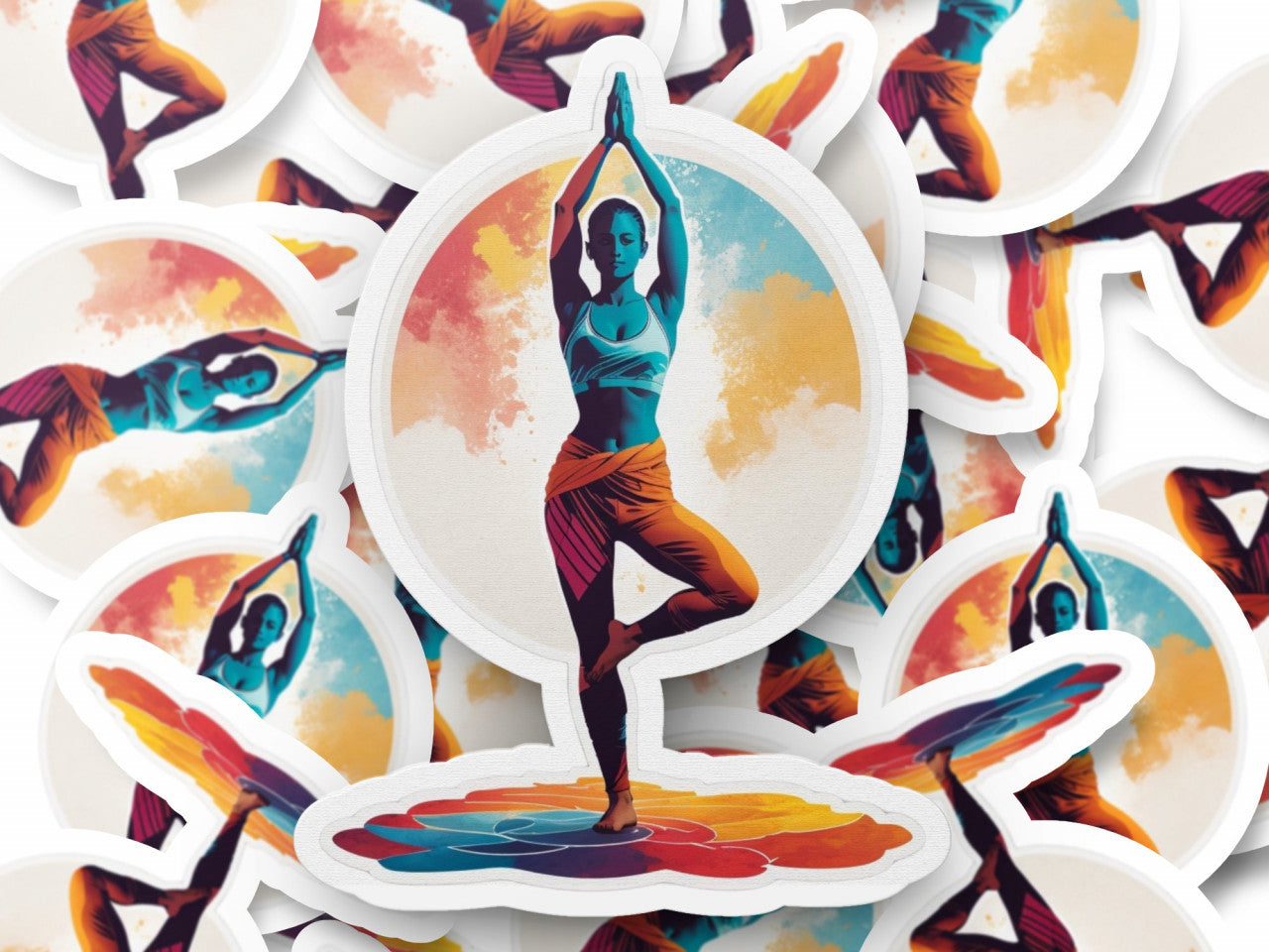 Set 3 bucati, Sticker decorativ, Yoga pozitia virabhadrasana, Rezistent la apa, NO1353, 6 cm, Multicolor