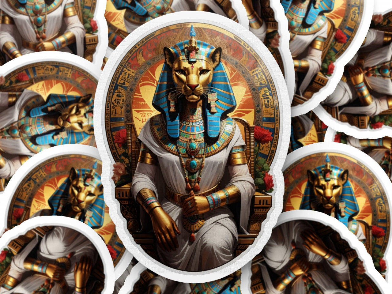 Set 3 bucati, Sticker decorativ, Zeu egiptean Sekhmet, Rezistent la apa, NO1186, 6 cm, Multicolor