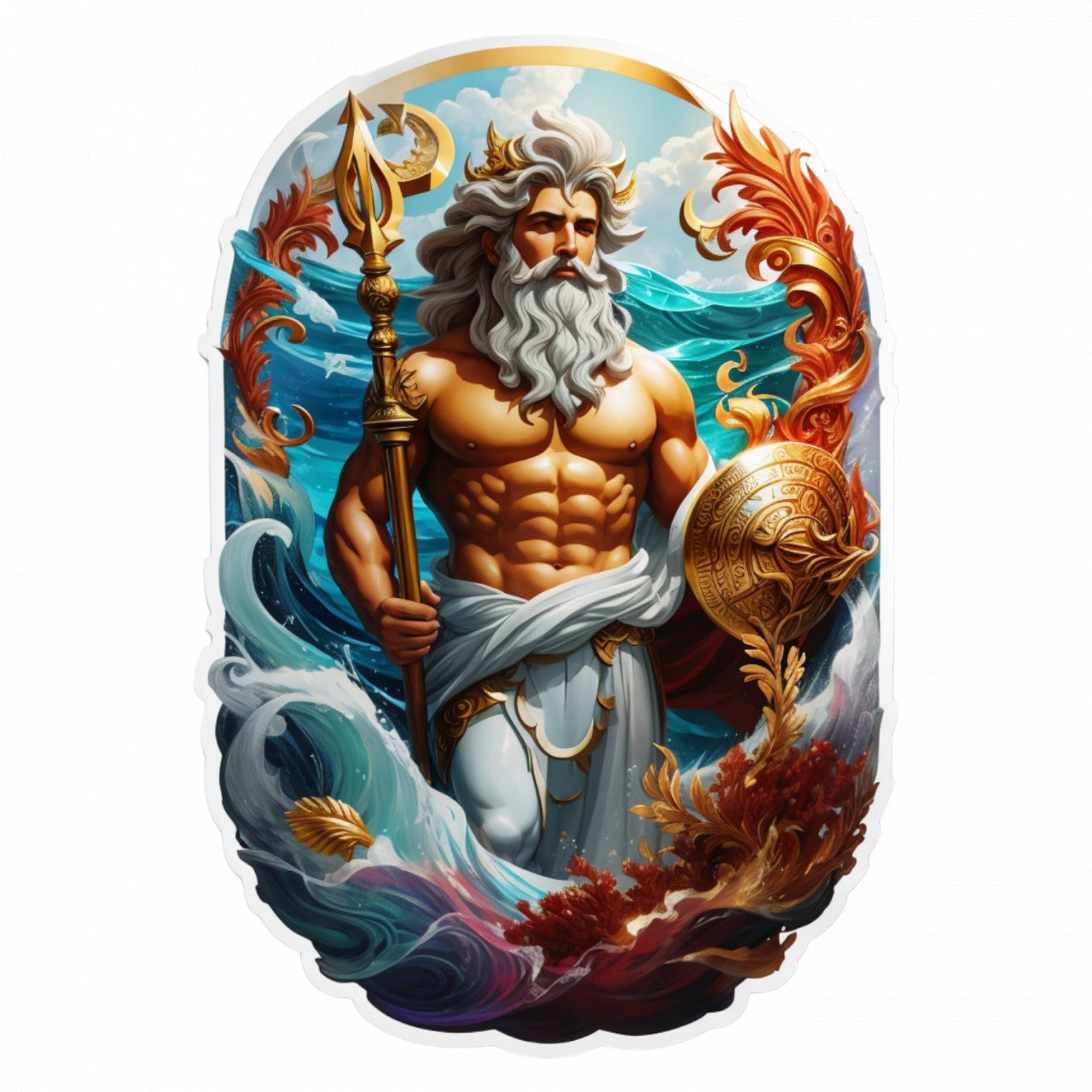 Set 3 bucati, Sticker decorativ, Zeul egiptean Oceanus cu scut si sceptru, Rezistent la apa, NO974, 6 cm, Multicolor