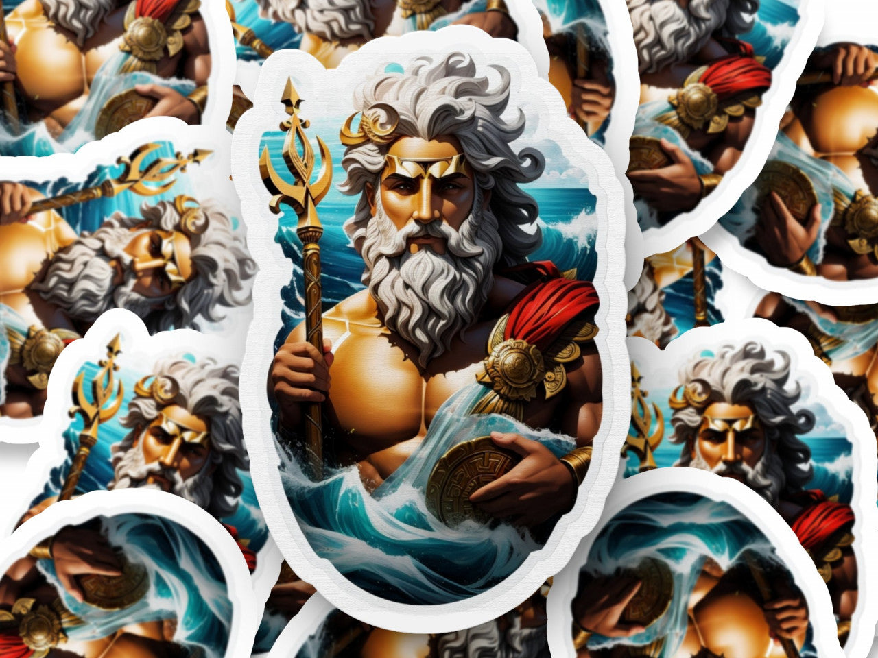 Set 3 bucati, Sticker decorativ, Zeul egiptean Oceanus cu sulita, Rezistent la apa, NO975, 6 cm, Multicolor