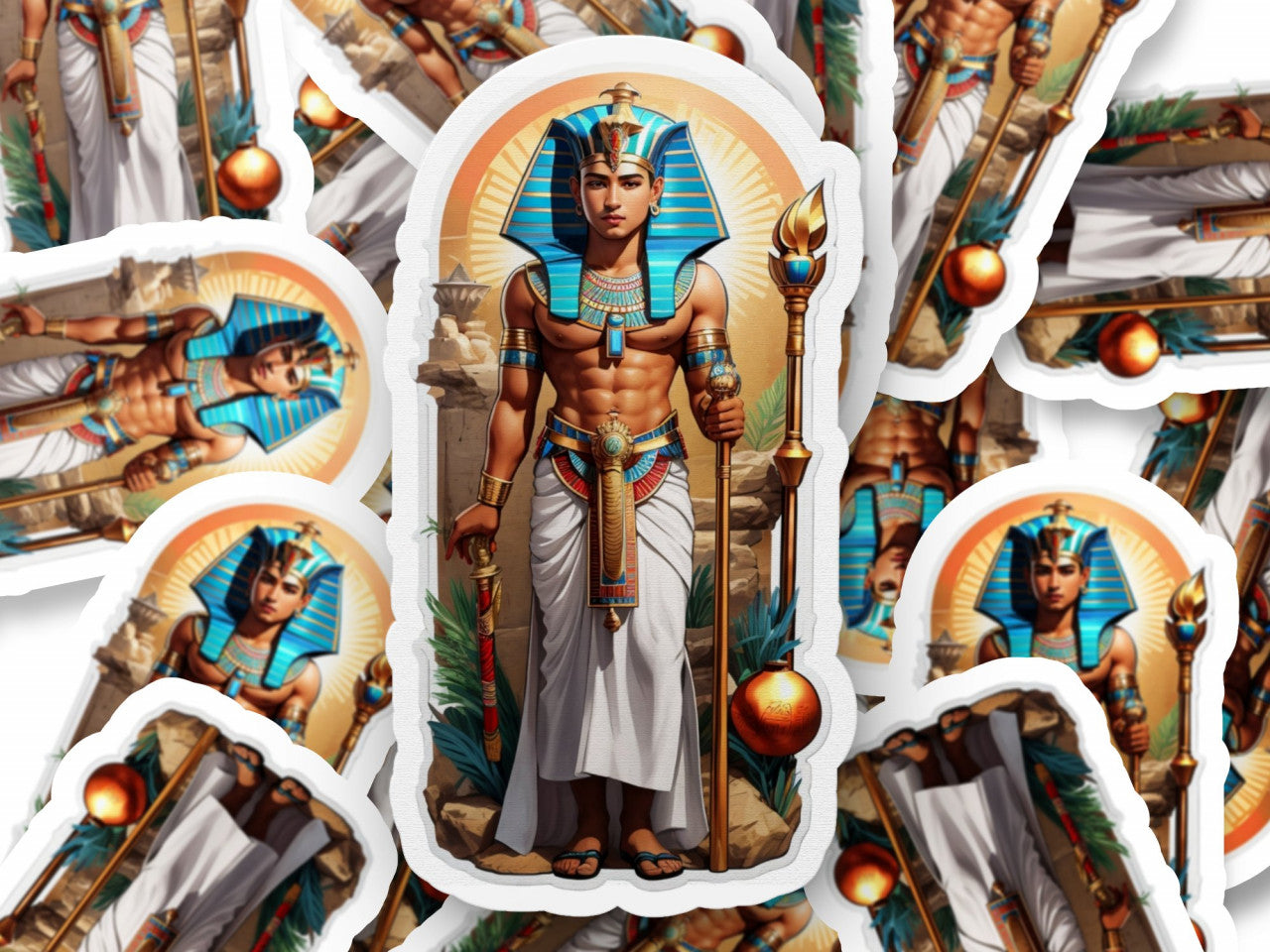 Set 3 bucati, Sticker decorativ, Zeul egiptean Thot cu sceptru, Rezistent la apa, NO1295, 6 cm, Multicolor