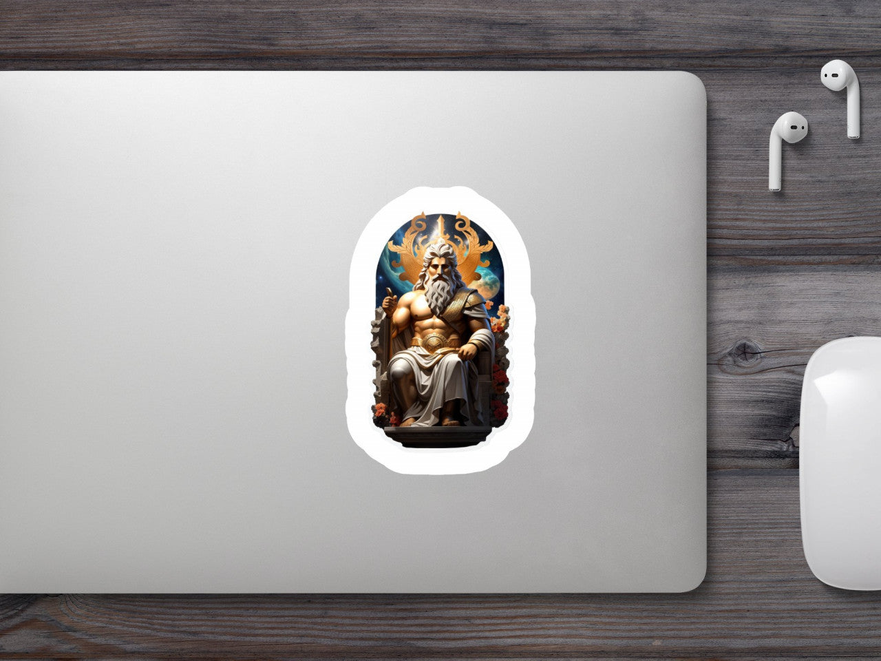 Set 3 bucati, Sticker decorativ, Zeul grec Aether pe tron , Rezistent la apa, NO234, 6 cm, Multicolor