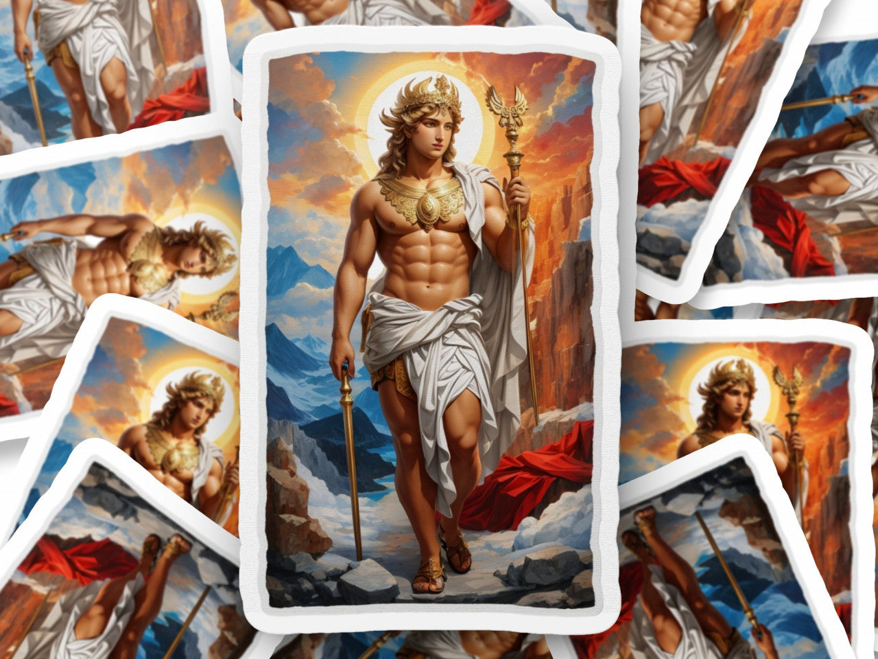 Set 3 bucati, Sticker decorativ, Zeul grec Apollo cu sceptru, Rezistent la apa, NO162, 6 cm, Multicolor