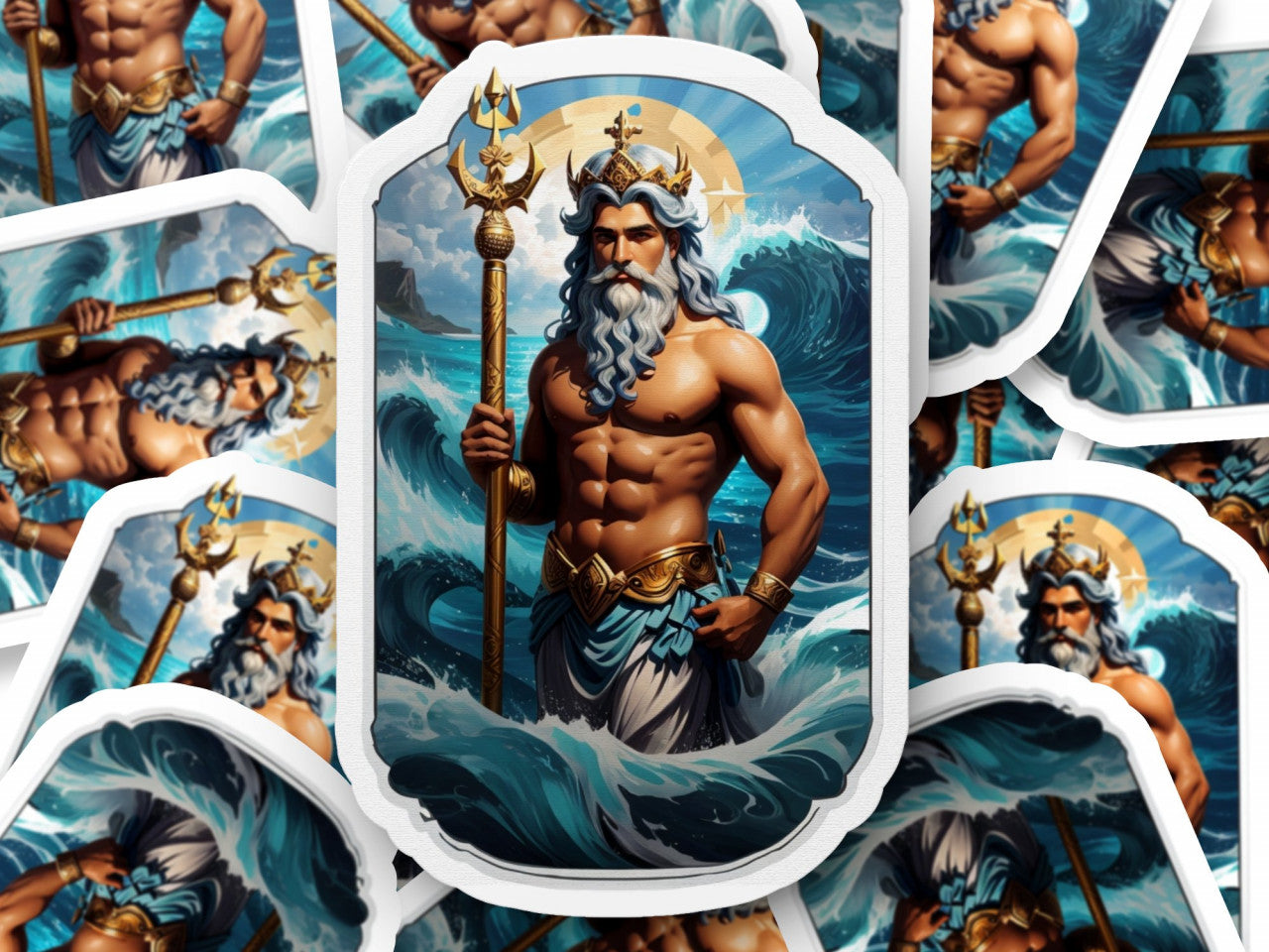 Set 3 bucati, Sticker decorativ, Zeul grec Poseidon cu sceptru, Rezistent la apa, NO1102, 6 cm, Multicolor