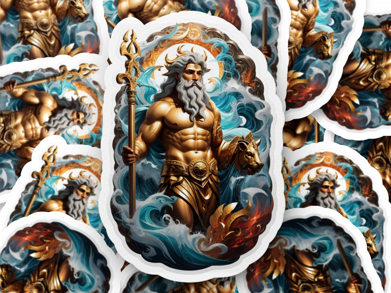 Set 3 bucati, Sticker decorativ, Zeul grec Poseidon pe apa, Rezistent la apa, NO1104, 6 cm, Multicolor