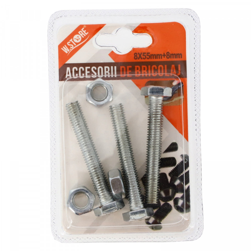 Set 3 suruburi cu piulita, cap hexagonal, 8 x 55 mm + 8 mm