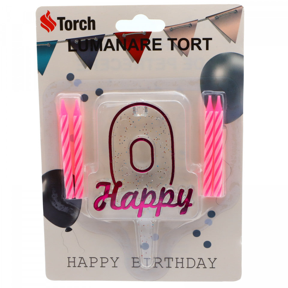 Set 4 buc, Lumanare aniversara,cu suport in forma de Cifra 0, pentru tort, Roz