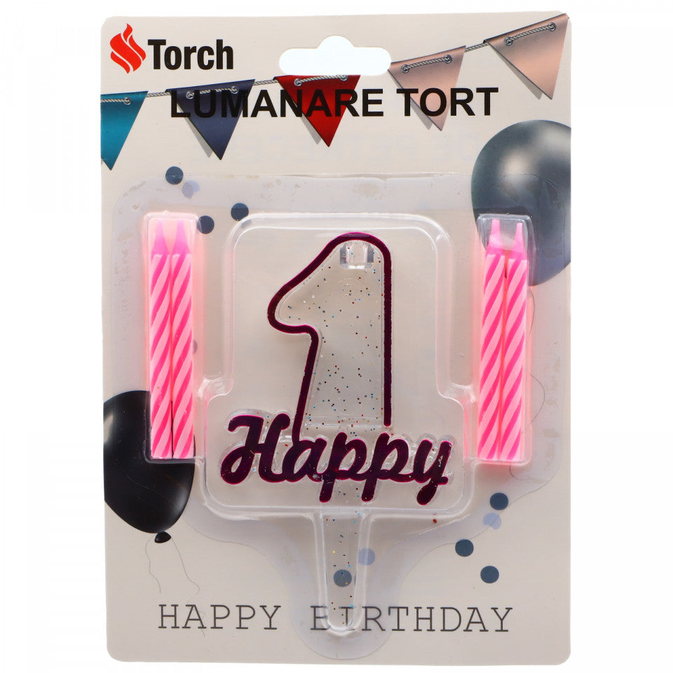Set 4 buc, Lumanare aniversara,cu suport in forma de Cifra 1, pentru tort, Roz