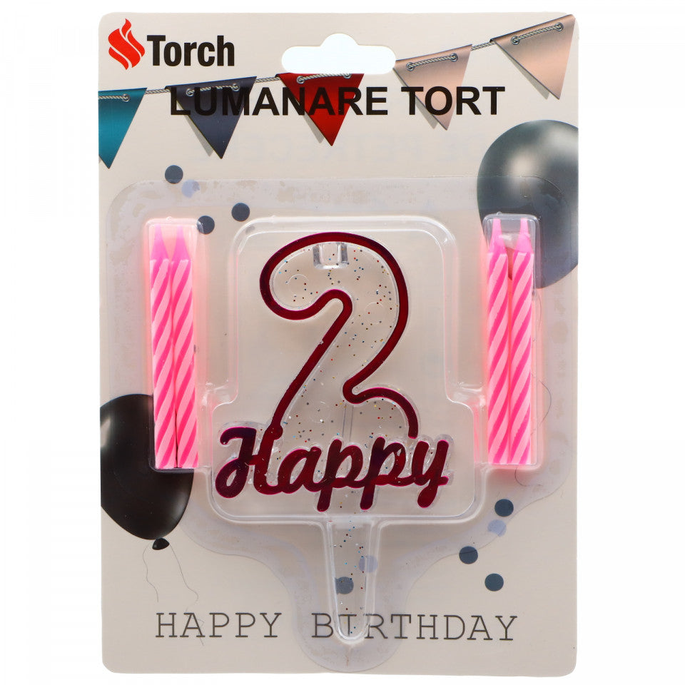 Set 4 buc, Lumanare aniversara,cu suport in forma de Cifra 2, pentru tort, Roz