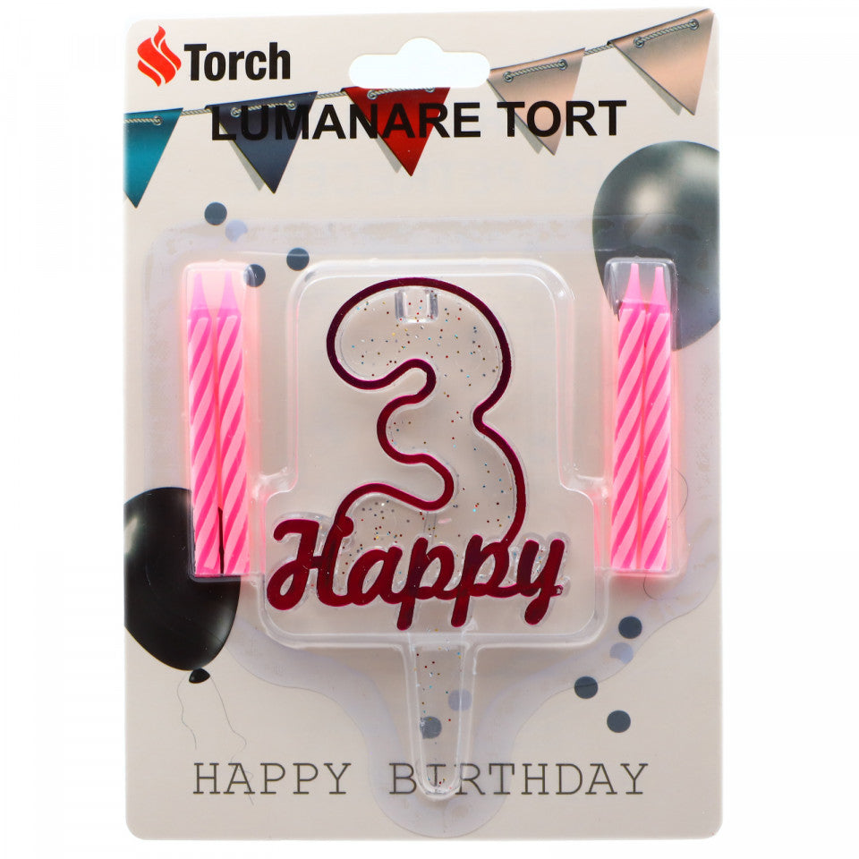Set 4 buc, Lumanare aniversara,cu suport in forma de Cifra 3, pentru tort, Roz