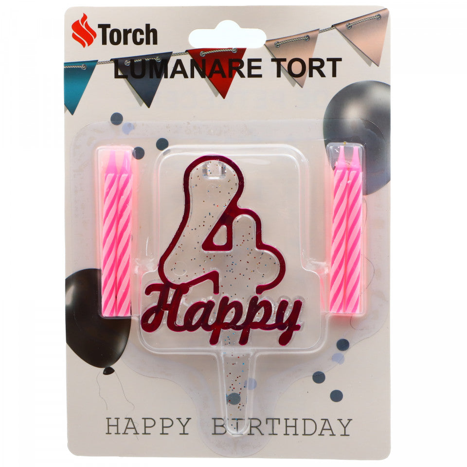 Set 4 buc, Lumanare aniversara,cu suport in forma de Cifra 4, pentru tort, Roz