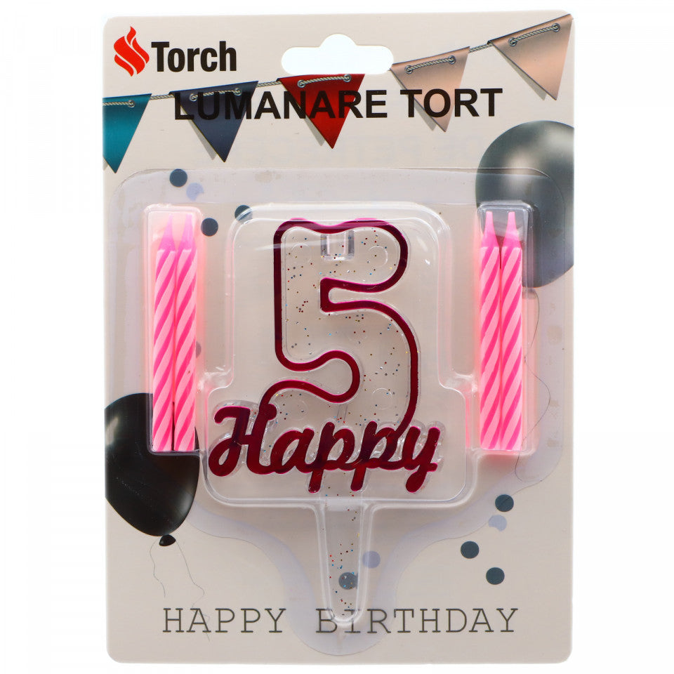 Set 4 buc, Lumanare aniversara,cu suport in forma de Cifra 5, pentru tort, Roz