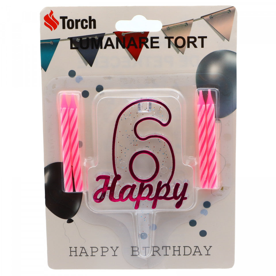 Set 4 buc, Lumanare aniversara,cu suport in forma de Cifra 6, pentru tort, Roz