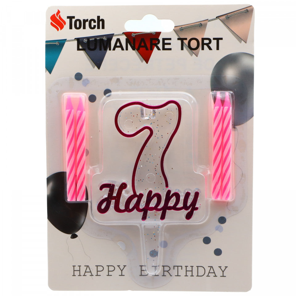 Set 4 buc, Lumanare aniversara,cu suport in forma de Cifra 7, pentru tort, Roz