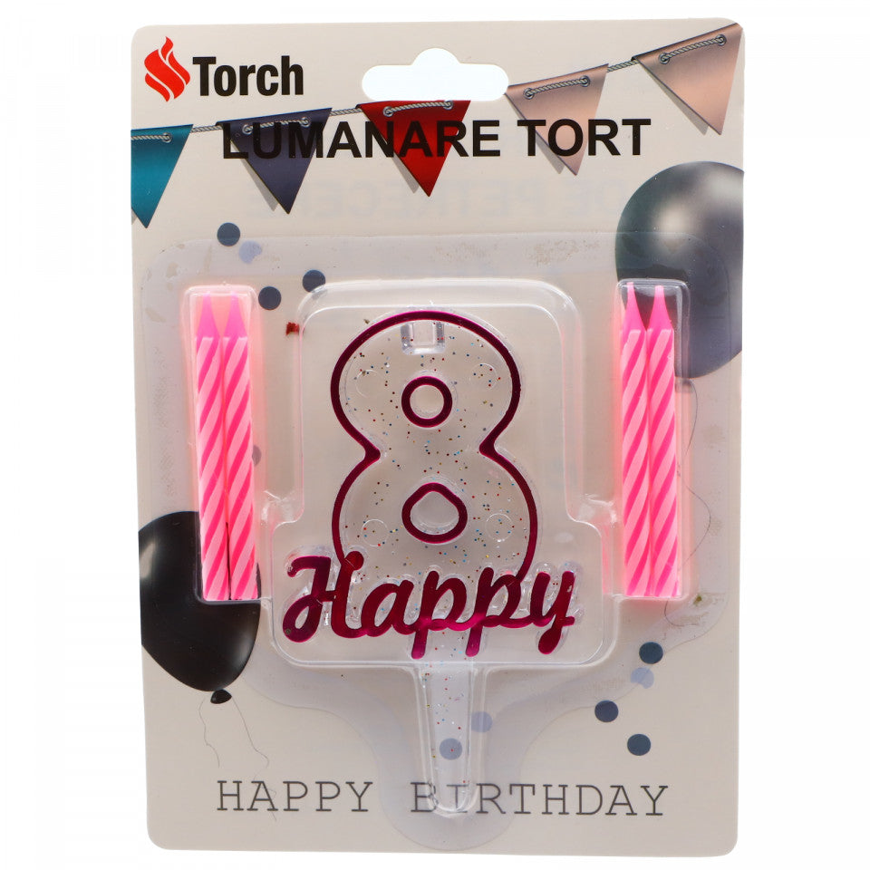 Set 4 buc, Lumanare aniversara,cu suport in forma de Cifra 8, pentru tort, Roz