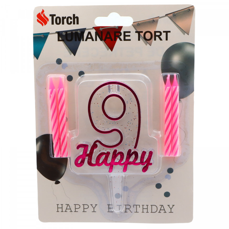 Set 4 buc, Lumanare aniversara,cu suport in forma de Cifra 9, pentru tort, Roz