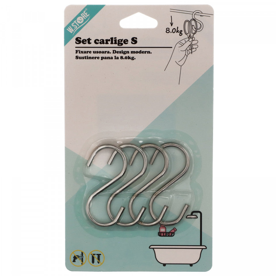 Set 4 bucati, Carlige / Agatatori multifunctionale, forma S, inox, 5.5 x 2.5 cm