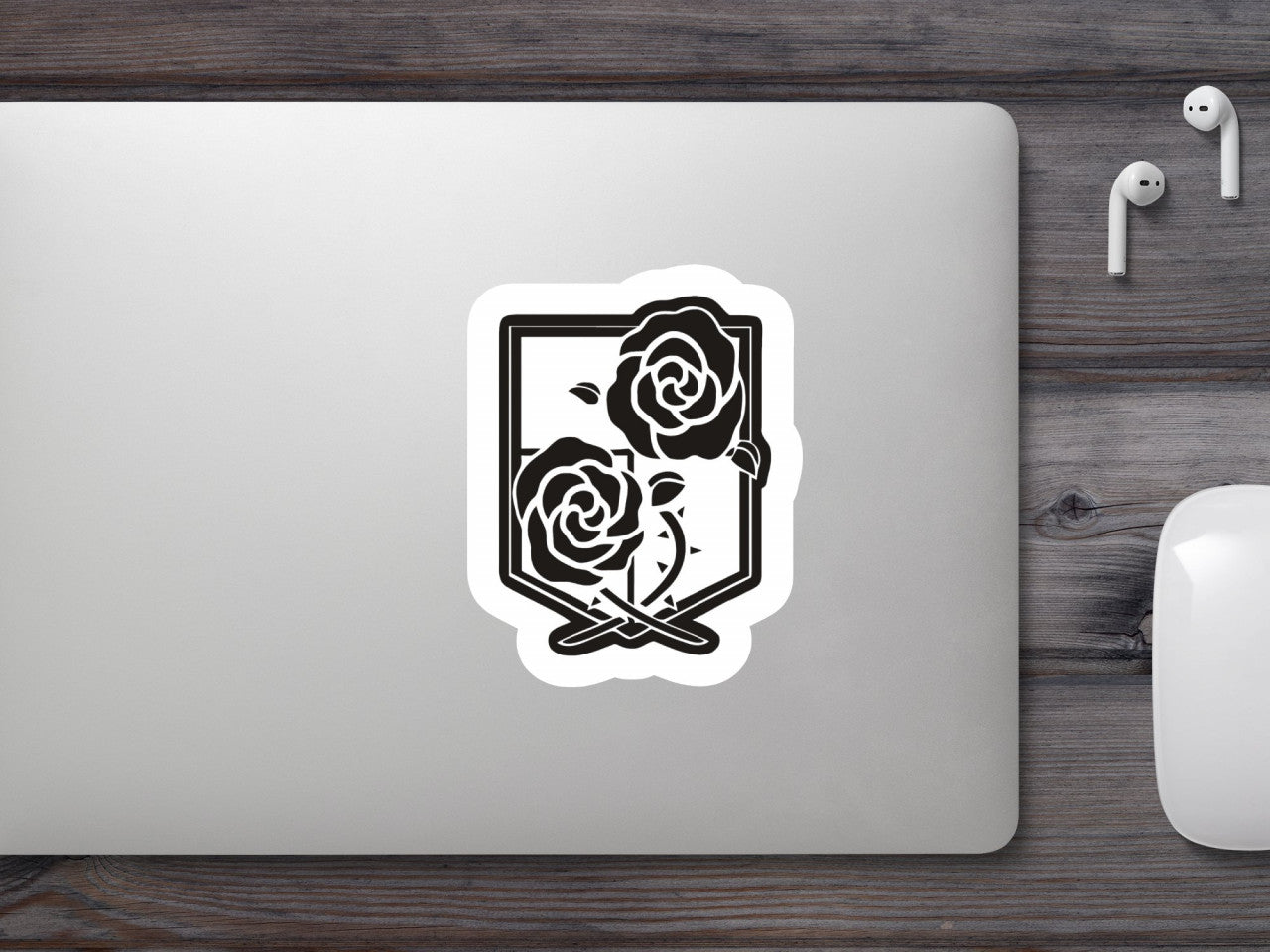 Set 4 bucati, Sticker decorativ, Attack on titan logo cu trandafiri, Rezistent la apa, NO8016, 10 cm, Multicolor