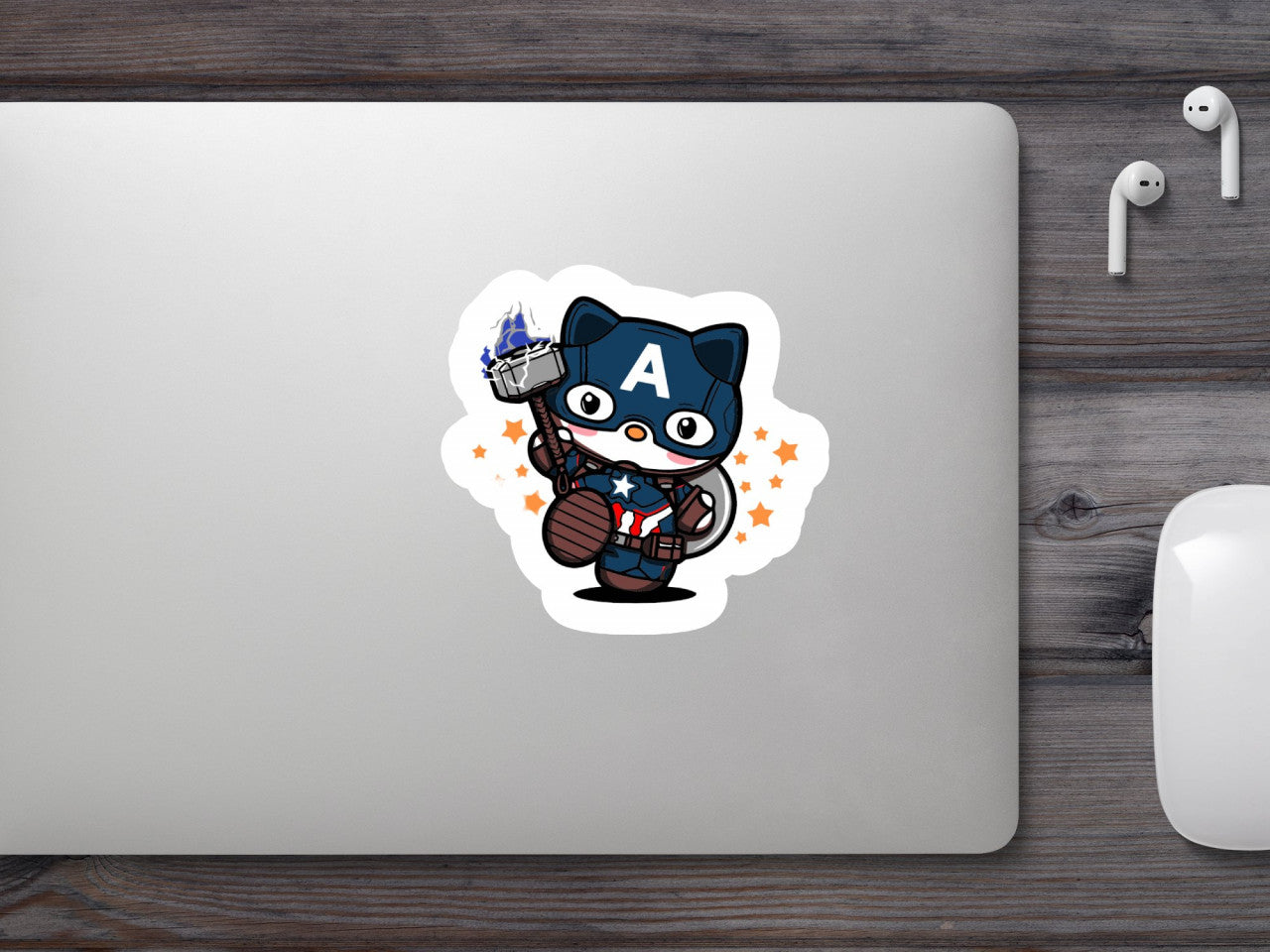 Set 4 bucati, Sticker decorativ, Captain America Hello Kitty supererou, Rezistent la apa, NO8727, 10 cm, Multicolor