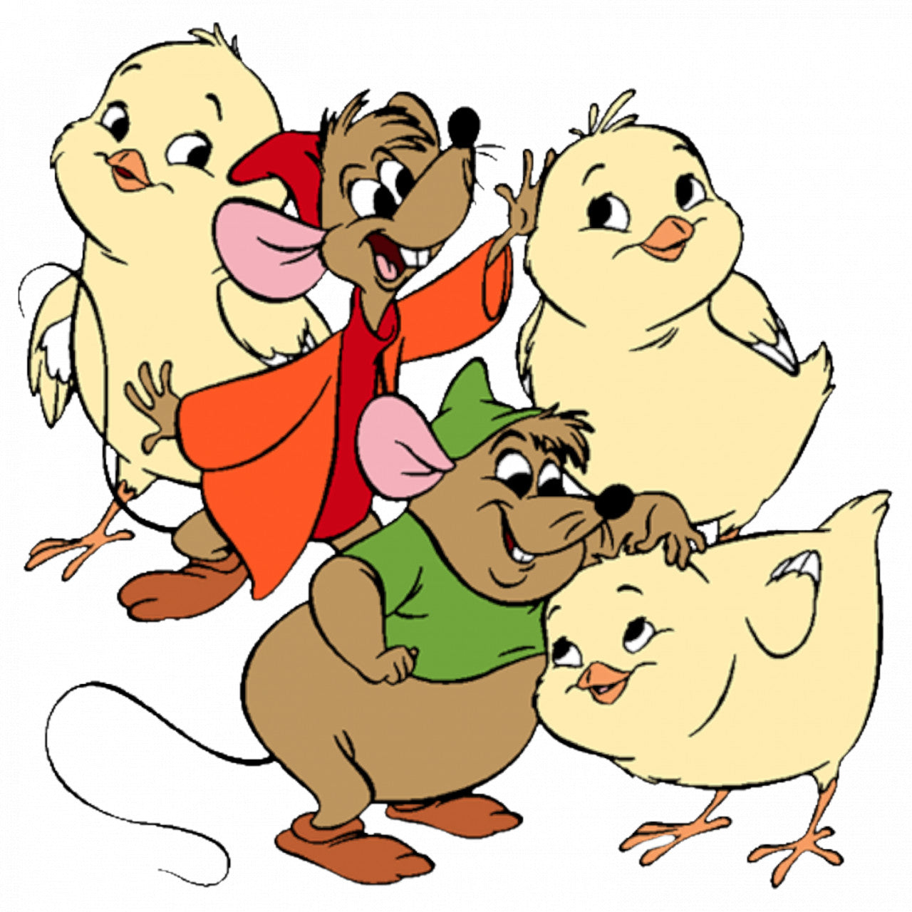 Set 4 bucati, Sticker decorativ, Cenusareasa Jaq si Gus se joaca cu puii, Rezistent la apa, NO8787, 10 cm, Multicolor