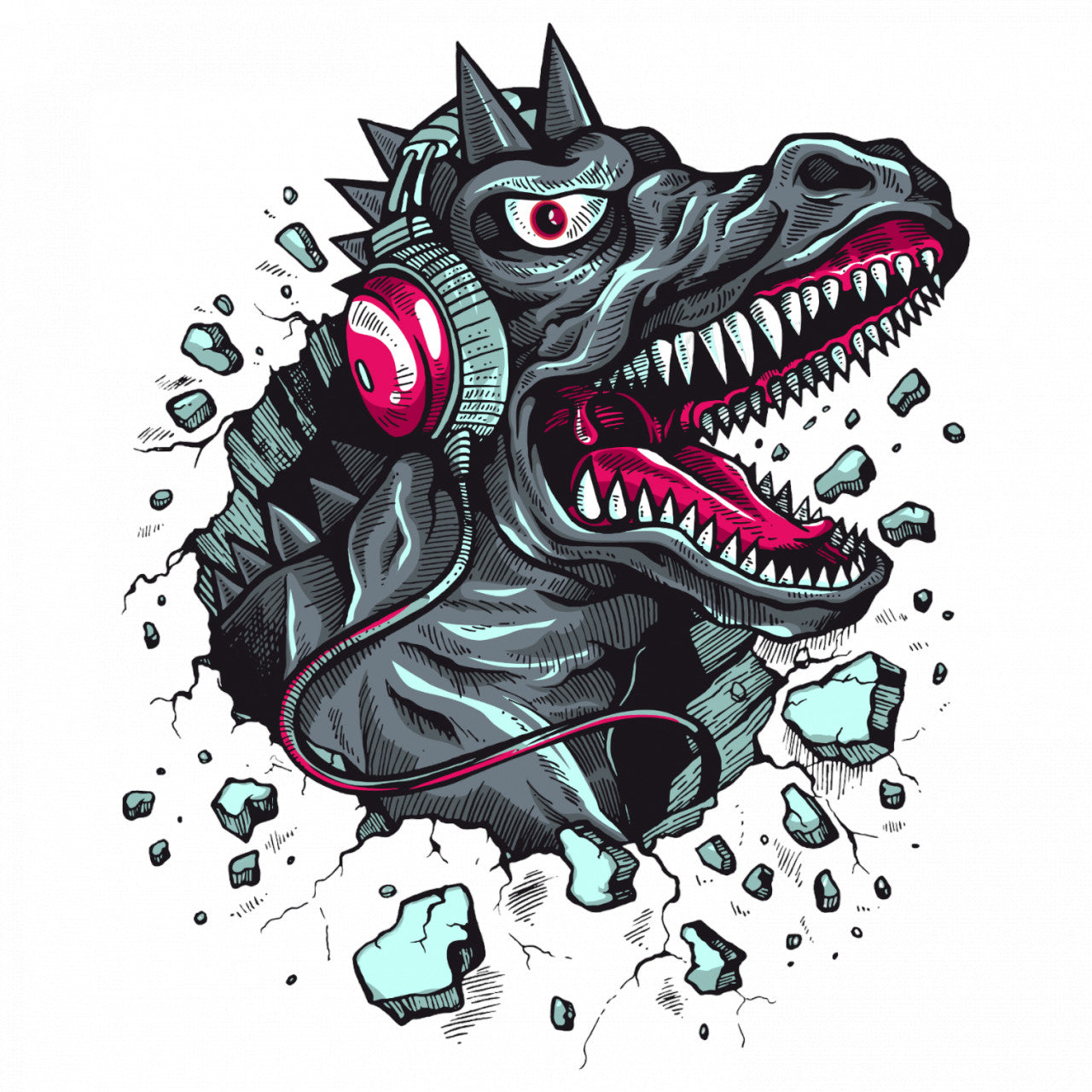 Set 4 bucati, Sticker decorativ, Dinozaurul asculta la casti, Rezistent la apa, NO9023, 10 cm, Multicolor