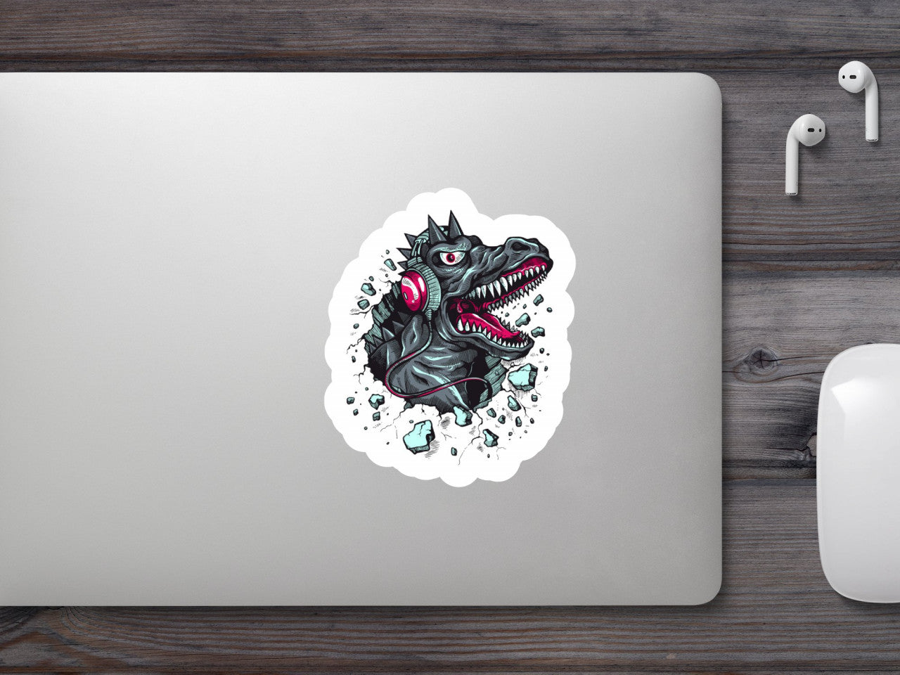 Set 4 bucati, Sticker decorativ, Dinozaurul asculta la casti, Rezistent la apa, NO9023, 10 cm, Multicolor