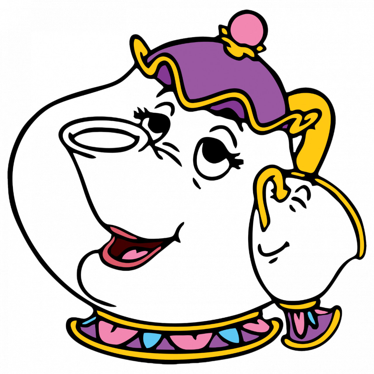 Set 4 bucati, Sticker decorativ, Frumoasa si Bestia Mrs. Potts si cescuta, Rezistent la apa, NO9375, 10 cm, Multicolor