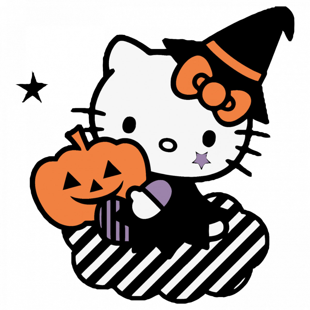 Set 4 bucati, Sticker decorativ, Hello Kitty cu dovleac Halloween, Rezistent la apa, NO9608, 10 cm, Multicolor