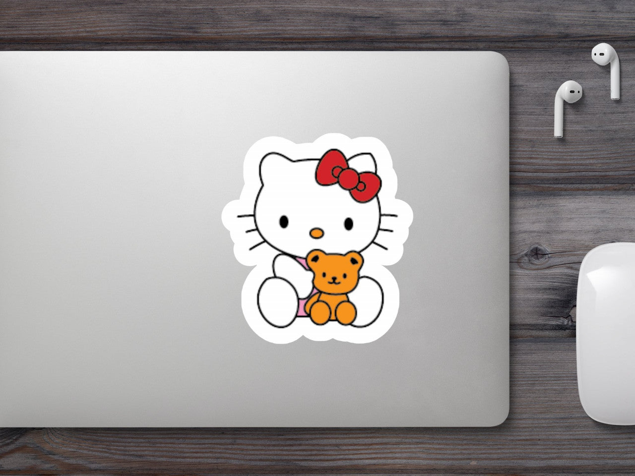 Set 4 bucati, Sticker decorativ, Hello Kitty cu ursulet, Rezistent la apa, NO9623, 10 cm, Multicolor