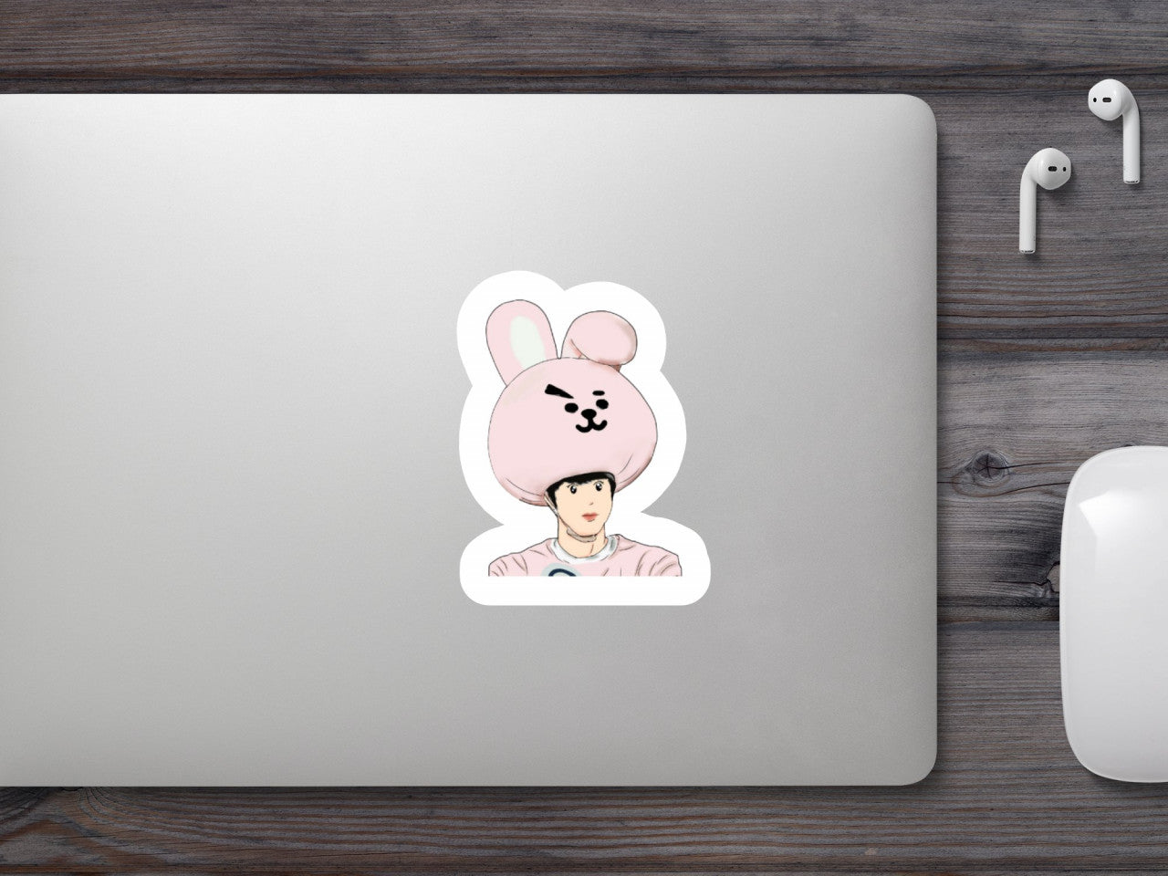 Set 4 bucati, Sticker decorativ, Jin BTS cu caciula iepure roz, Rezistent la apa, NO9801, 10 cm, Multicolor