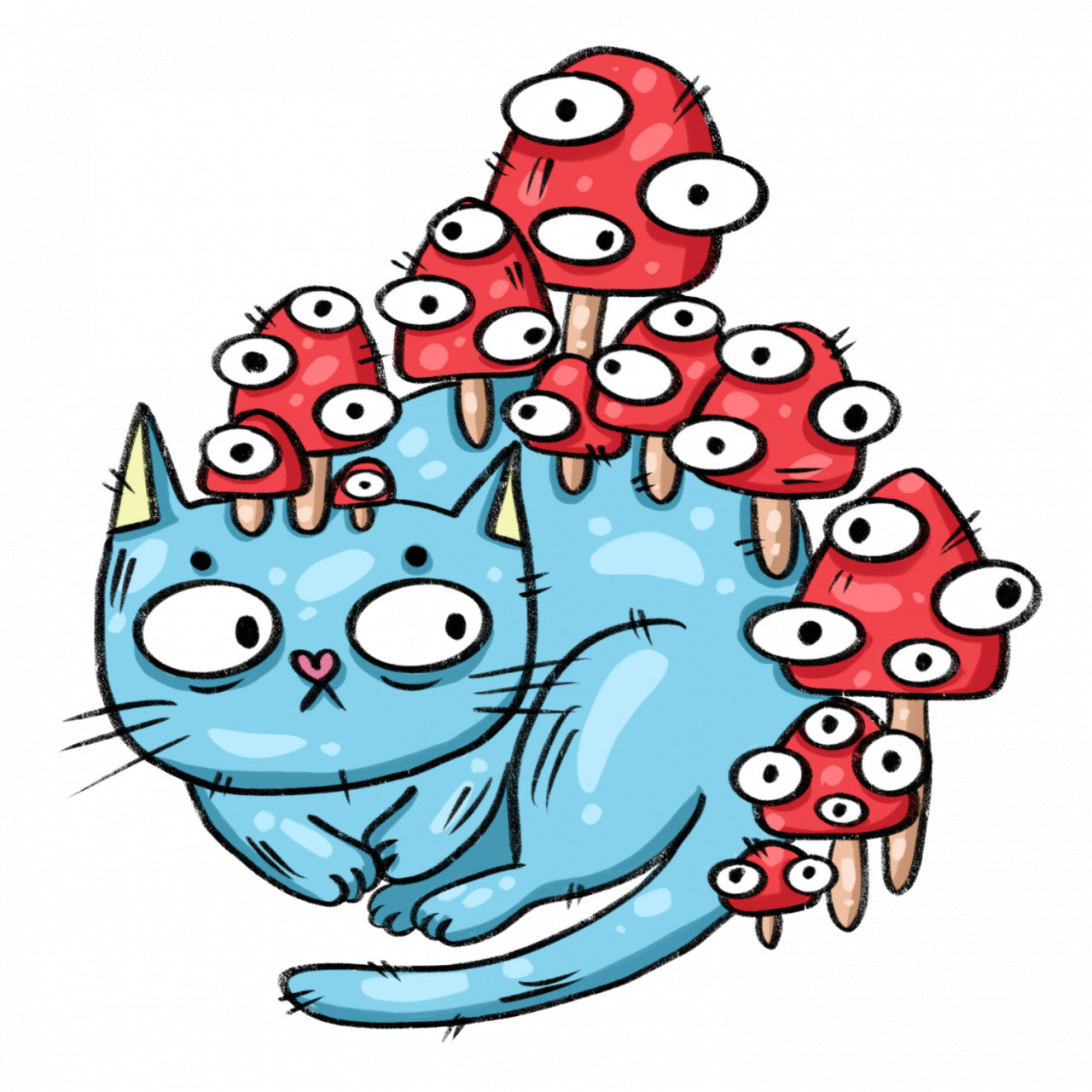 Set 4 bucati, Sticker decorativ, Pisica ascunsa sub ciuperci, Rezistent la apa, NO10175, 10 cm, Multicolor