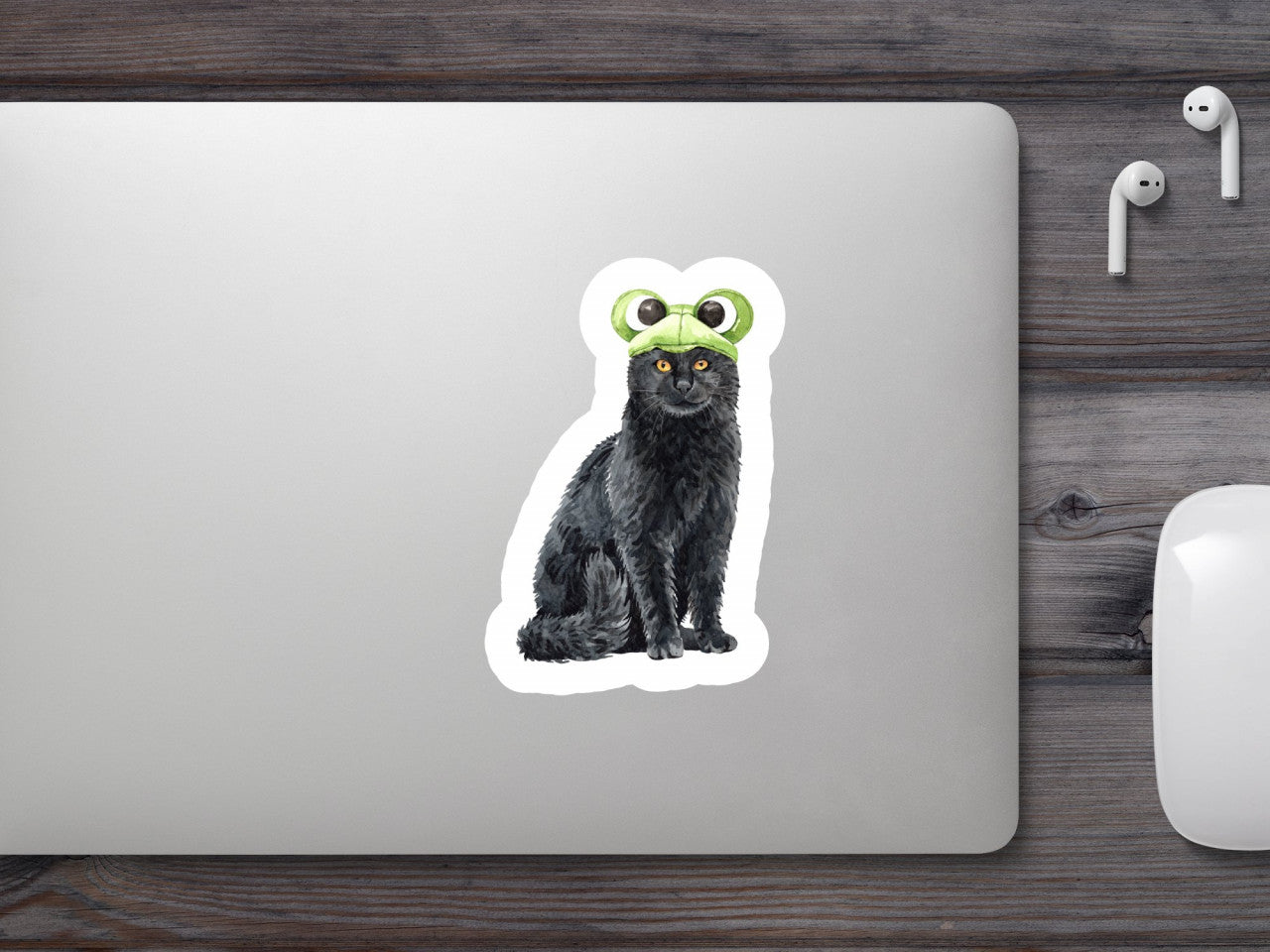 Set 4 bucati, Sticker decorativ, Pisica cu broasca pe cap, Rezistent la apa, NO10187, 10 cm, Multicolor