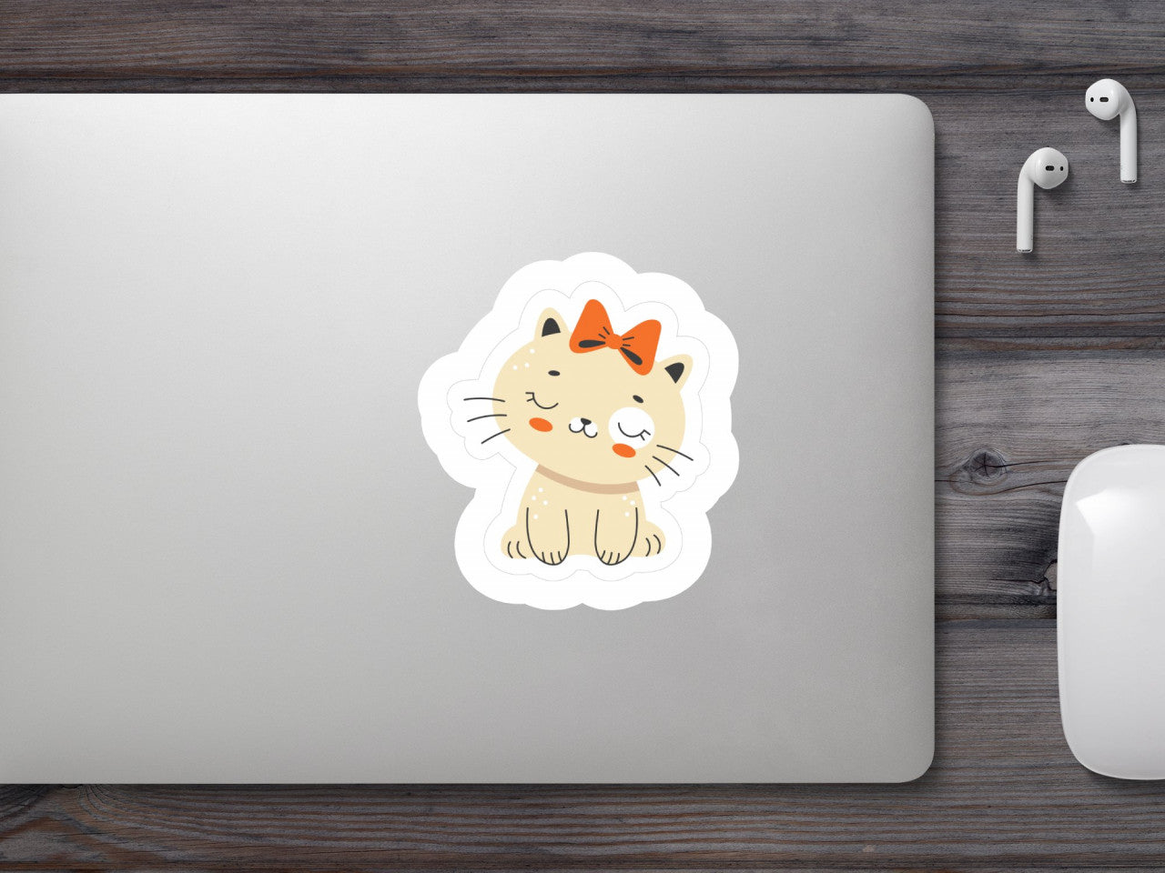 Set 4 bucati, Sticker decorativ, Pisica cu fundita, Rezistent la apa, NO10193, 10 cm, Multicolor