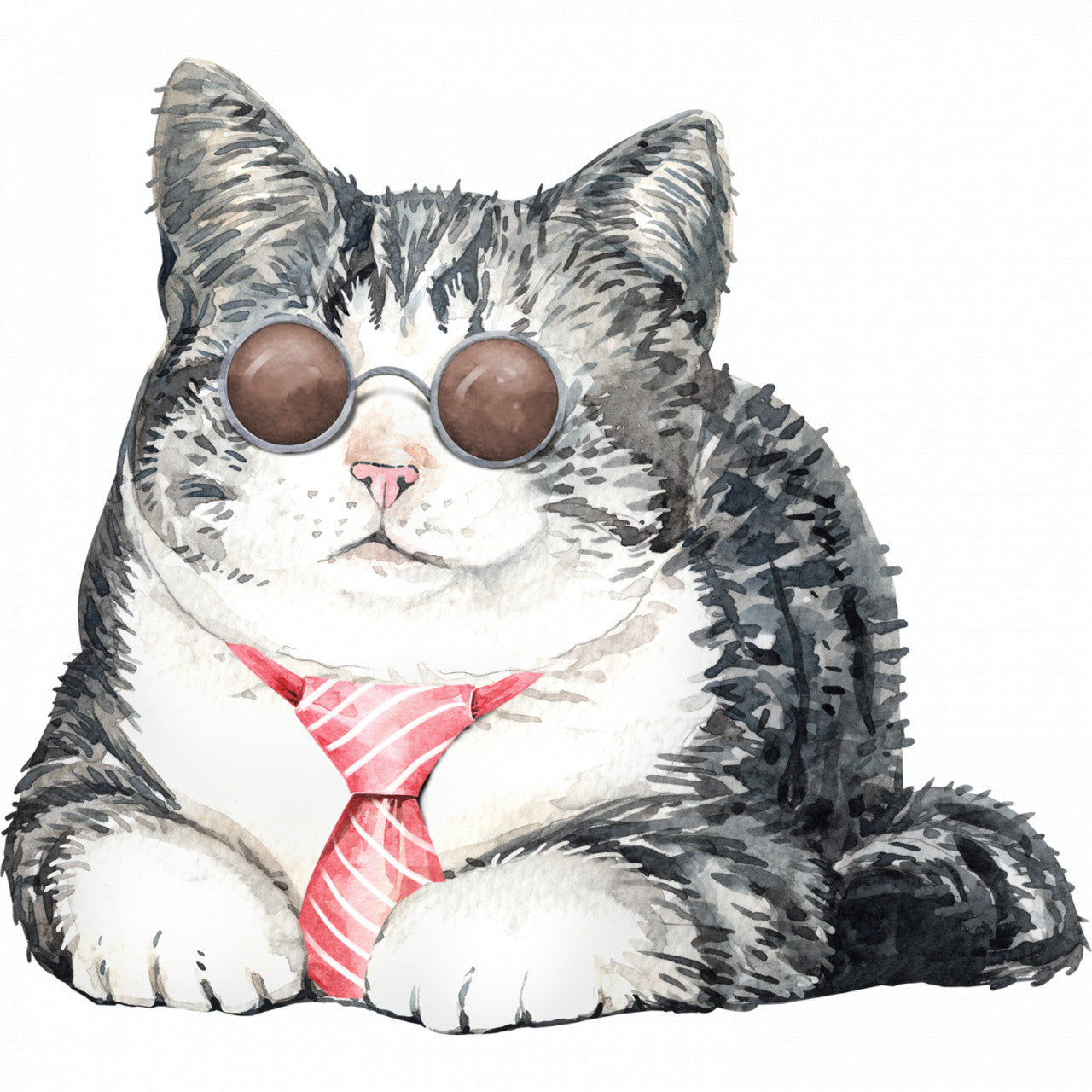 Set 4 bucati, Sticker decorativ, Pisica cu ochelari si cravata, Rezistent la apa, NO10197, 10 cm, Multicolor