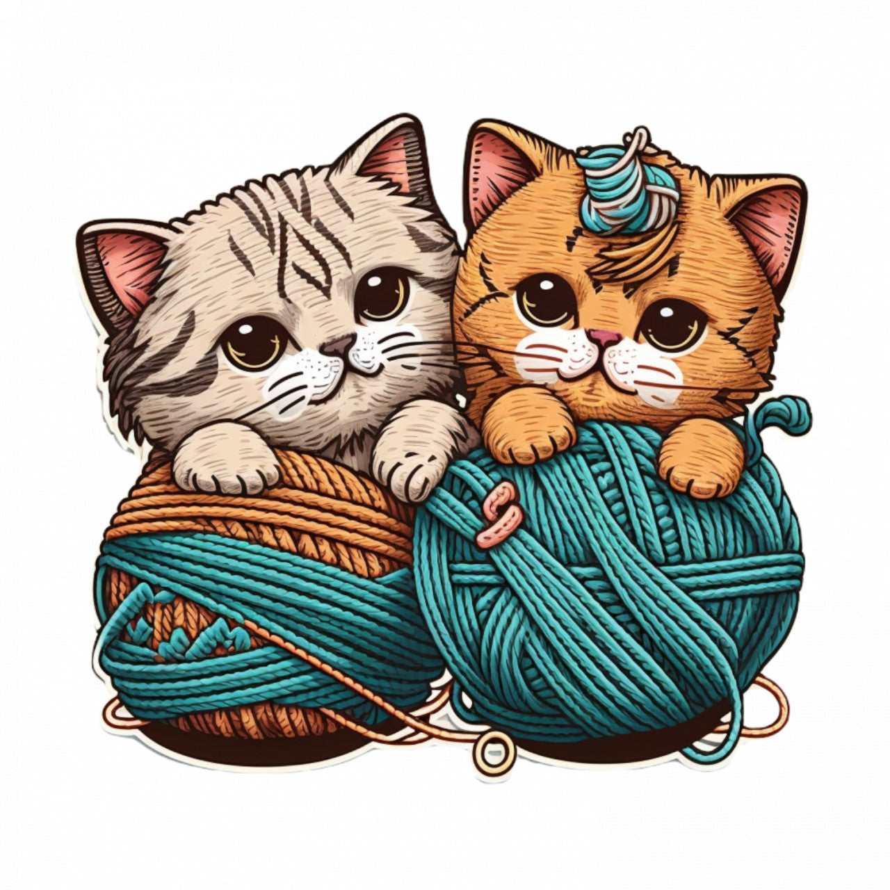 Set 4 bucati, Sticker decorativ, Pisicute cu gheme de ata, Rezistent la apa, NO7516, 10 cm, Multicolor