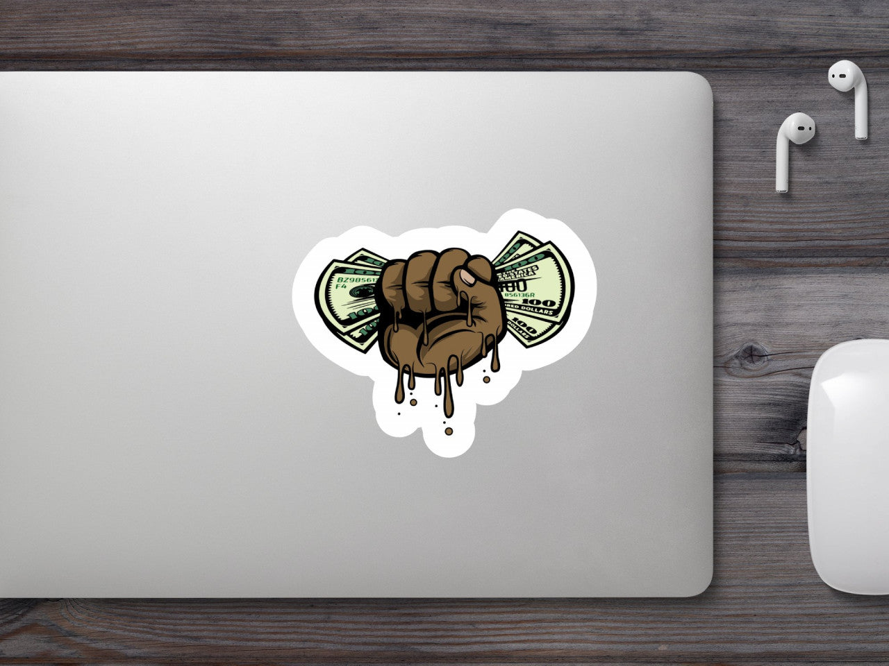 Set 4 bucati, Sticker decorativ, Pumnul cu bani 100 Dolari, Rezistent la apa, NO7745, 10 cm, Multicolor