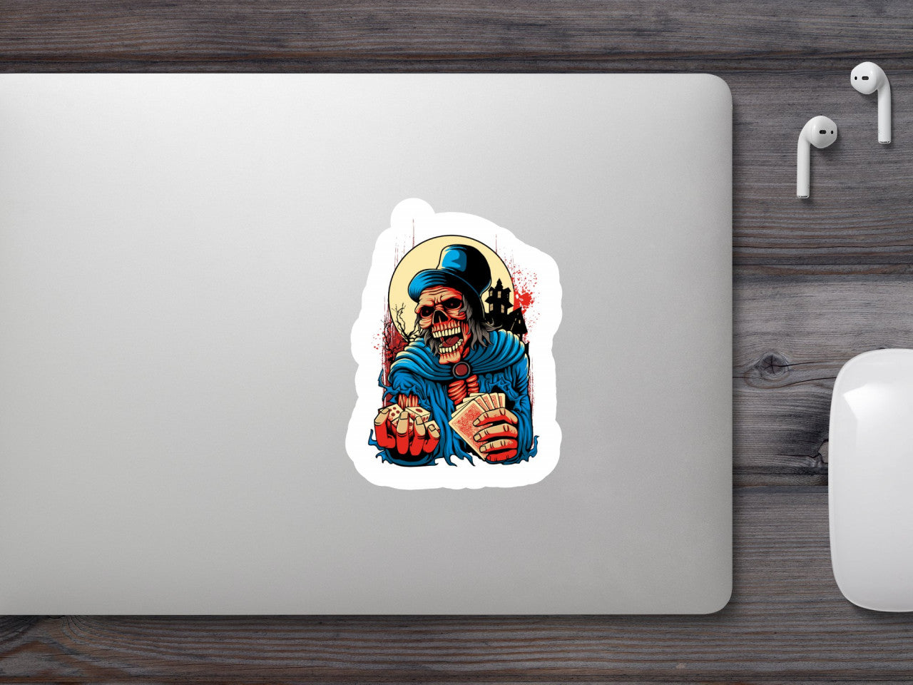 Set 4 bucati, Sticker decorativ, Schelete tine carti de joc in mana, Rezistent la apa, NO9341, 10 cm, Multicolor