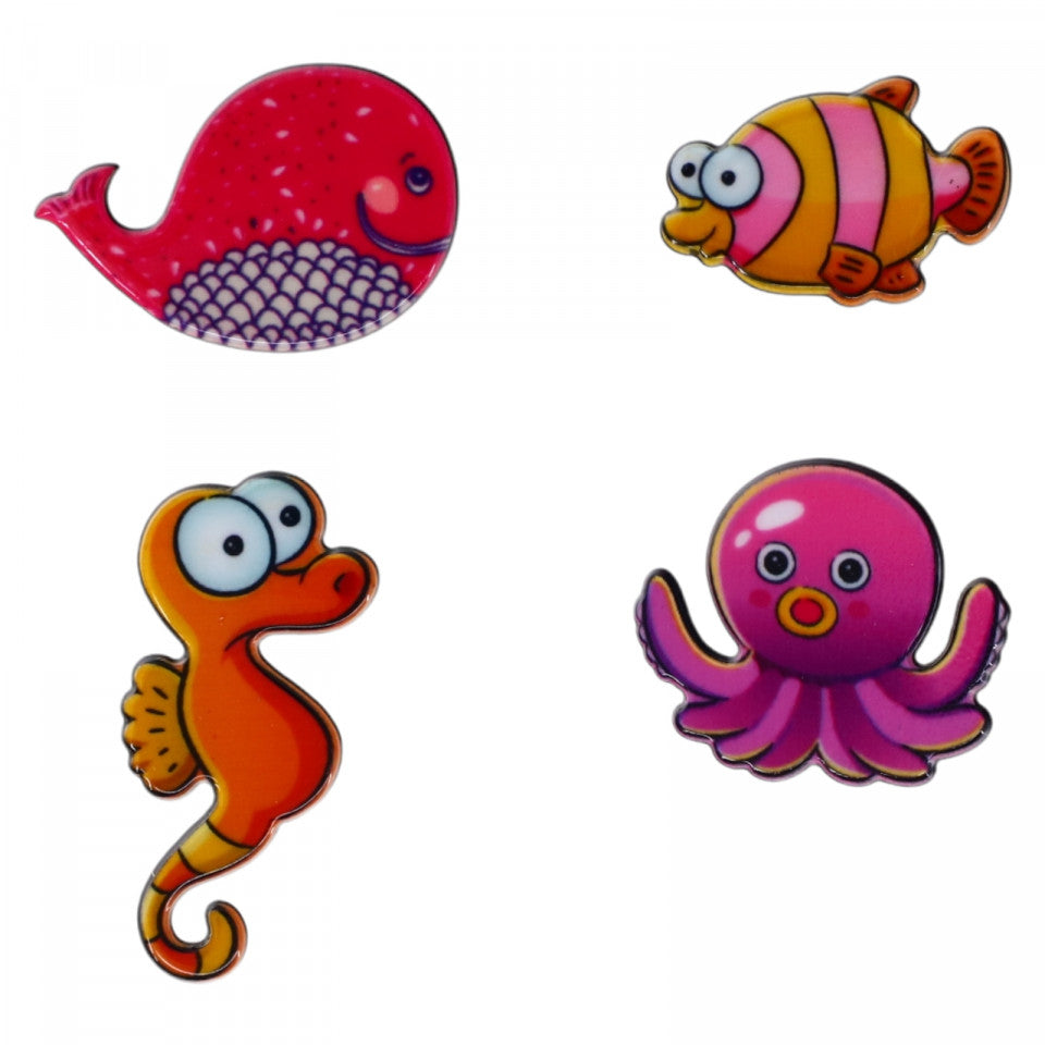 Set 4 insigne amuzante, Animale marine, NO928, 3 cm, Multicolor