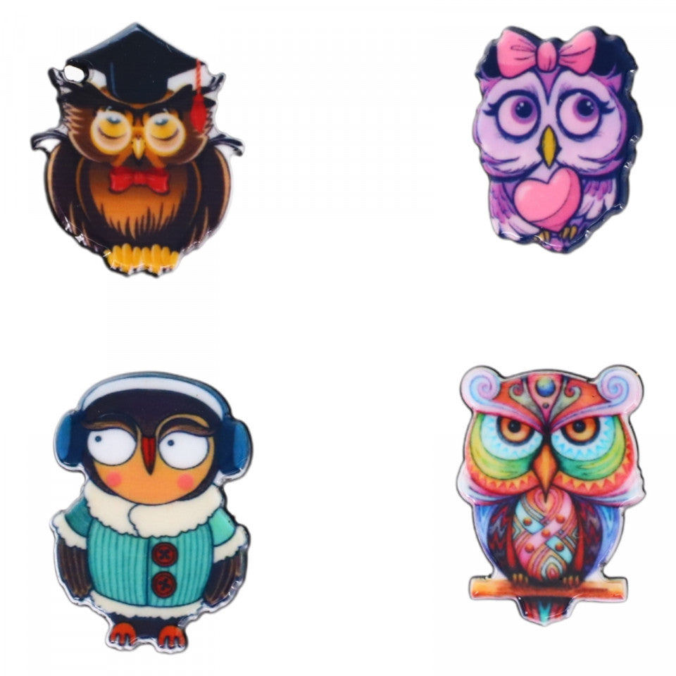 Set 4 insigne amuzante, Bufnite, NO914, 3 cm, Multicolor