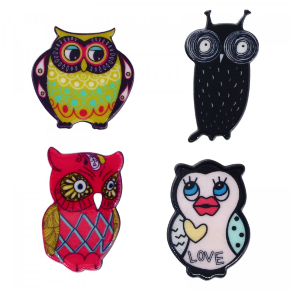 Set 4 insigne amuzante, Bufnite, NO933, 3.5 cm, Multicolor