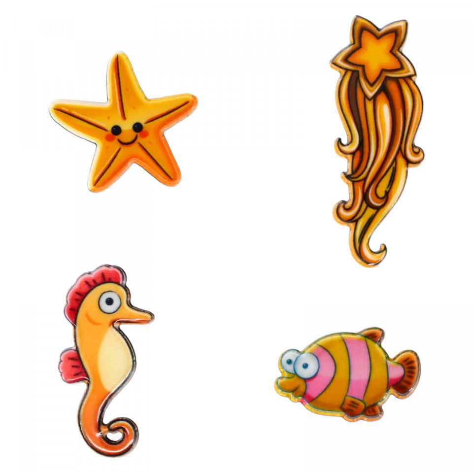 Set 4 insigne amuzante, Calut de mare, Stea, Peste, NO918, 3 cm, Multicolor