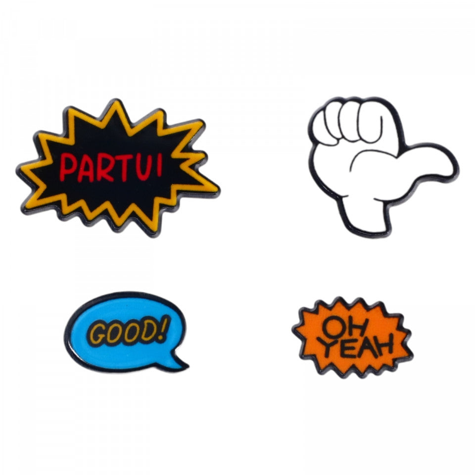 Set 4 insigne amuzante, Good, Yeah, Ok, NO921, 3 cm, Multicolor