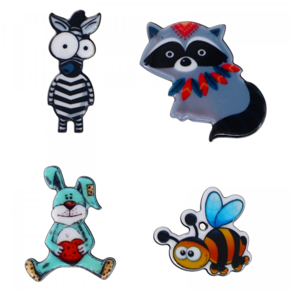 Set 4 insigne amuzante, Iepuras, Albina, Zebra, Raton, NO903, 4 cm, Multicolor